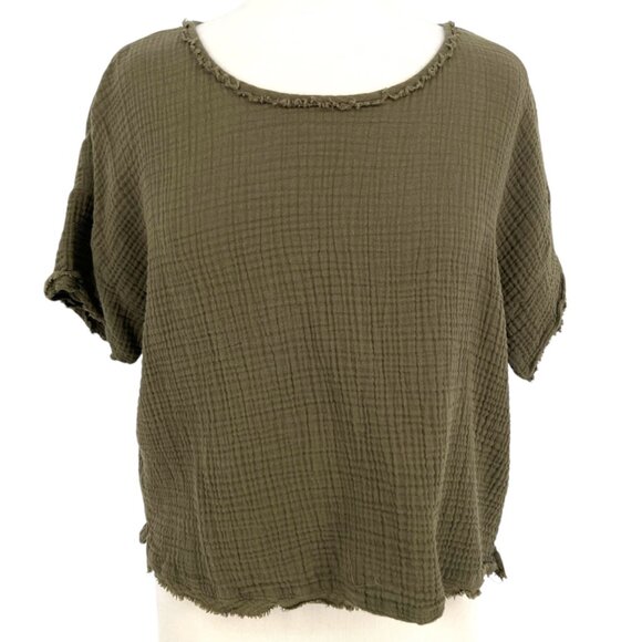 Eileen Fisher Ballet Neck Boxy Organic Cotton Top Seaweed Green Size Medium - Picture 1 of 10